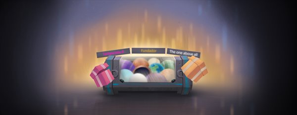 Arte conceitual da Temporada 0: planetas e etiquetas em uma caixa atrás de um vidro desfocado.